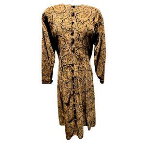 Vintage Leslie Fay Shirt Dress Maxi 10 Paisley Corduroy Long Sleeve Button Brown